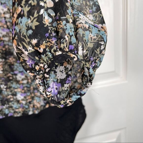 Free People Floral Blouse Bodysuit Deep Vneck Tie Neck Sz XS Intimately FP - Picture 12 of 15